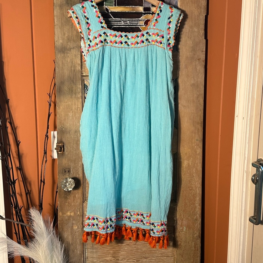 Mer St Barth Small Turquoise Embroidered Smock Crepe Flowing Tassel Dress
